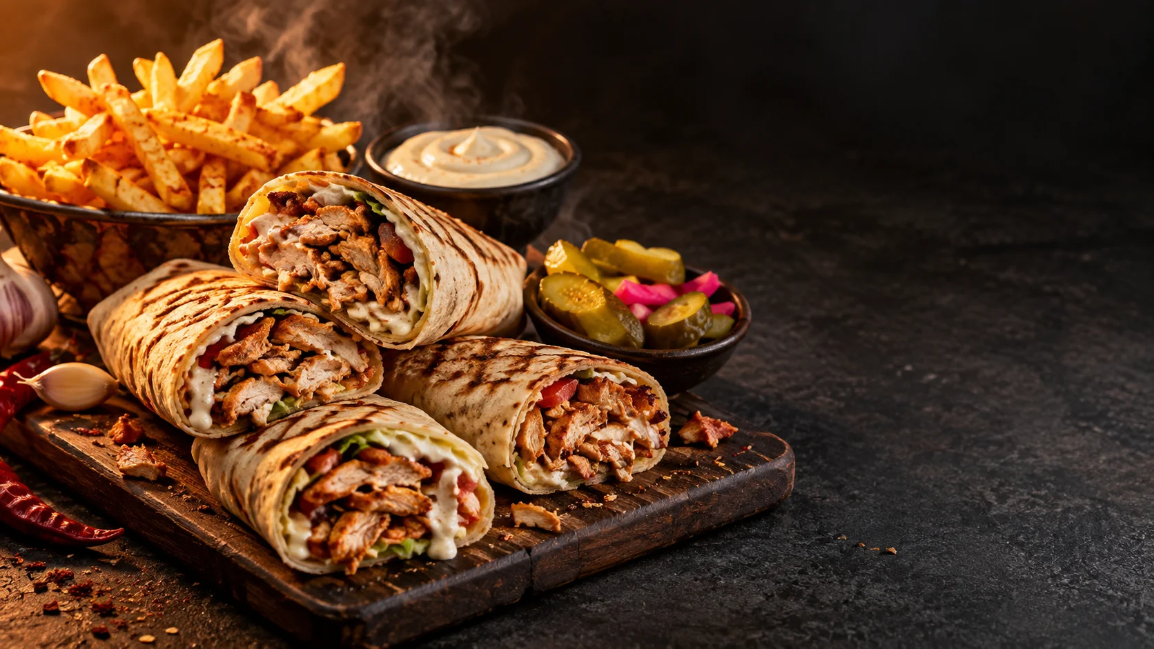 Las’at Filfala shawarma, fries and sauces